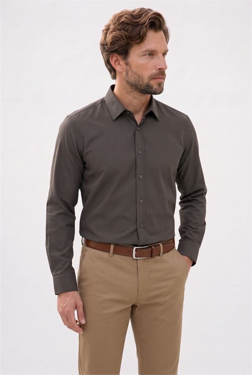 Erkek Modern Fit Dar Kesim Pamuklu Uzun Kollu Kravatlık Armürlü Haki Gömlek