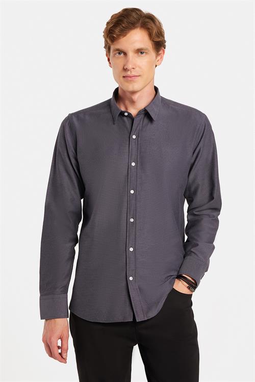 Modern Slim Fit Uzun Kollu Pamuklu Kolay Ütü Armürlü Erkek Füme Gömlek