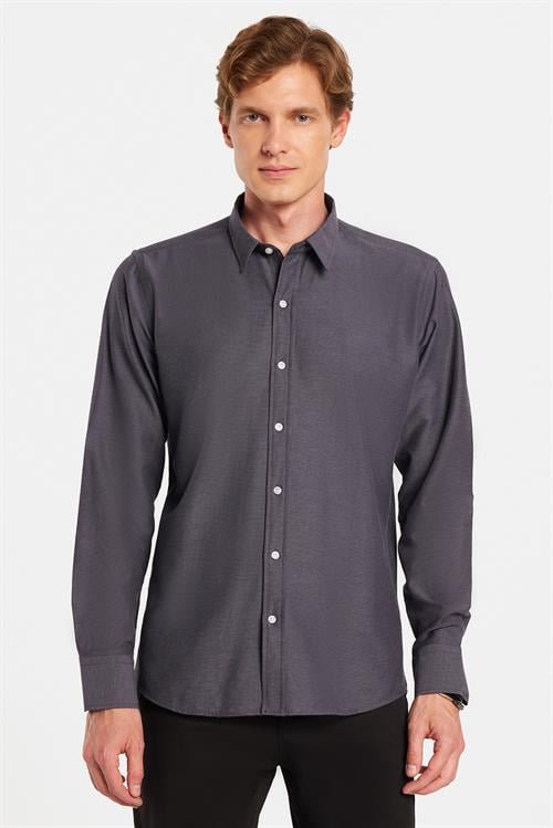 Modern Slim Fit Uzun Kollu Pamuklu Kolay Ütü Armürlü Erkek Füme Gömlek
