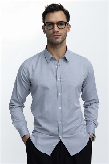 Modern Slim Fit Uzun Kollu Pamuklu Kolay Ütü Armürlü Erkek Gri Gömlek
