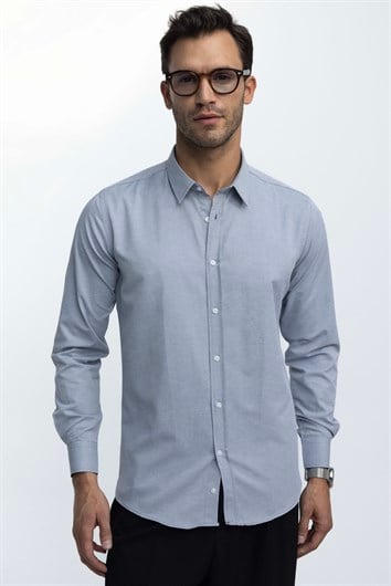 Modern Slim Fit Uzun Kollu Pamuklu Kolay Ütü Armürlü Erkek Gri Gömlek
