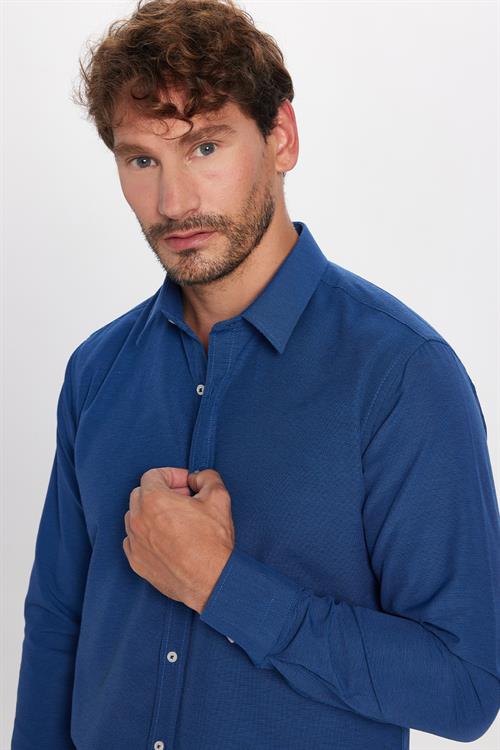 Modern Slim Fit Uzun Kollu Pamuklu Kolay Ütü Armürlü Erkek Sax Mavi Gömlek