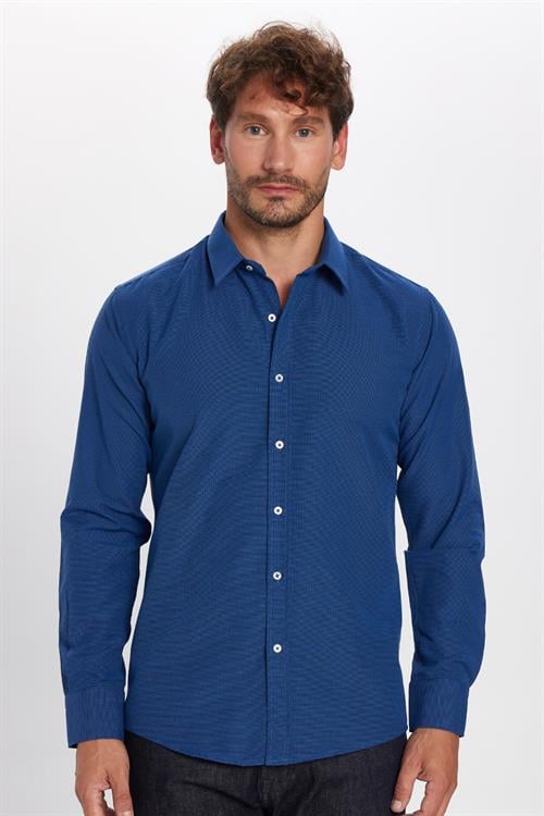 Modern Slim Fit Uzun Kollu Pamuklu Kolay Ütü Armürlü Erkek Sax Mavi Gömlek