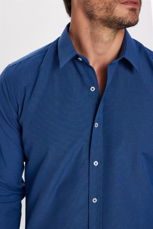 Modern Slim Fit Uzun Kollu Pamuklu Kolay Ütü Armürlü Erkek Sax Mavi Gömlek