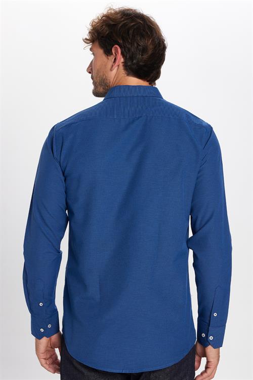 Modern Slim Fit Uzun Kollu Pamuklu Kolay Ütü Armürlü Erkek Sax Mavi Gömlek
