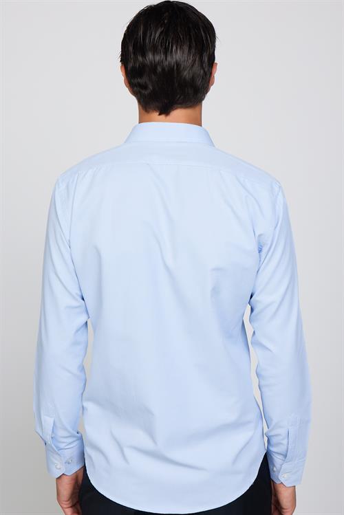 Modern Slim Fit Uzun Kollu Pamuklu Kolay Ütü Armürlü Erkek Mavi Gömlek