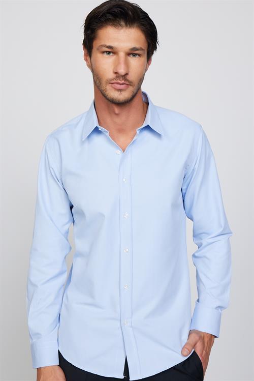 Modern Slim Fit Uzun Kollu Pamuklu Kolay Ütü Armürlü Erkek Mavi Gömlek