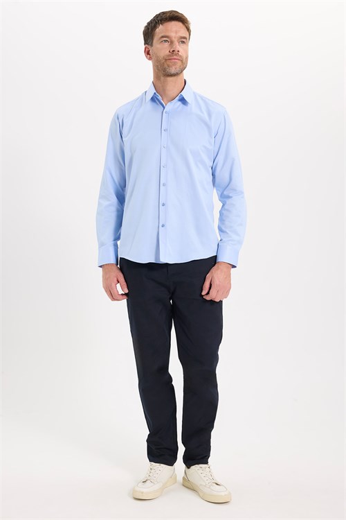 Erkek Modern Fit Dar Kesim Pamuklu Uzun Kollu Kravatlık Armürlü Mavi Gömlek