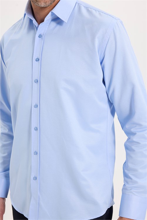 Erkek Modern Fit Dar Kesim Pamuklu Uzun Kollu Kravatlık Armürlü Mavi Gömlek