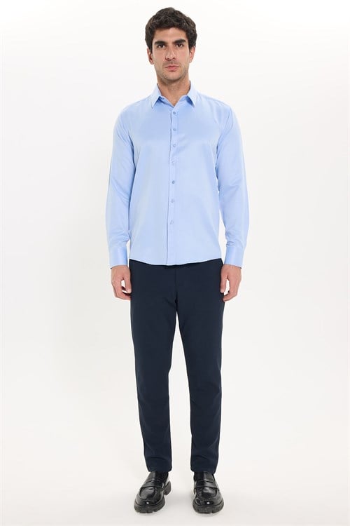 Erkek Modern Fit Dar Kesim Pamuklu Uzun Kollu Kravatlık Armürlü Mavi Gömlek