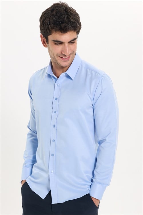 Erkek Modern Fit Dar Kesim Pamuklu Uzun Kollu Kravatlık Armürlü Mavi Gömlek