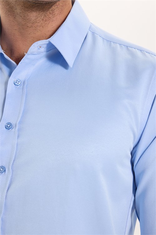Erkek Modern Fit Dar Kesim Pamuklu Uzun Kollu Kravatlık Armürlü Mavi Gömlek