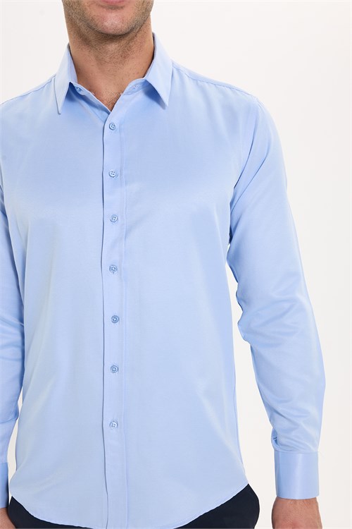 Erkek Modern Fit Dar Kesim Pamuklu Uzun Kollu Kravatlık Armürlü Mavi Gömlek