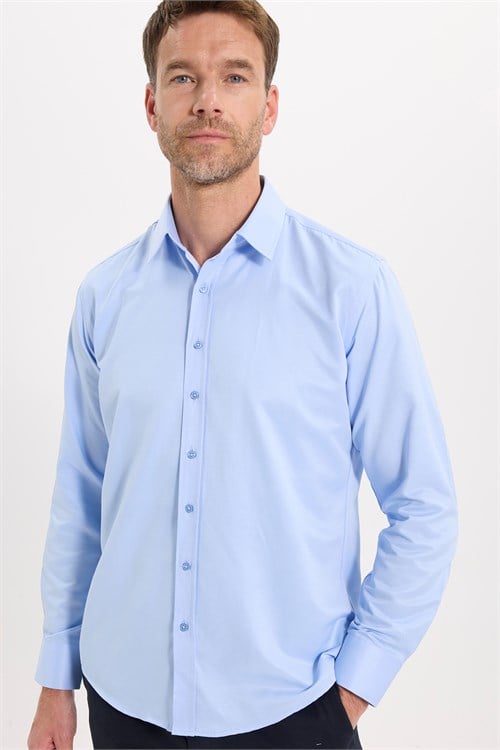 Erkek Modern Fit Dar Kesim Pamuklu Uzun Kollu Kravatlık Armürlü Mavi Gömlek