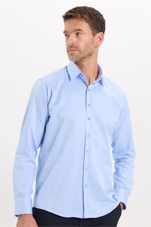 Erkek Modern Fit Dar Kesim Pamuklu Uzun Kollu Kravatlık Armürlü Mavi Gömlek