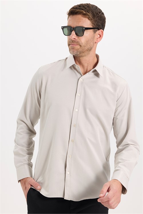 Erkek Modern Fit Dar Kesim Pamuklu Uzun Kollu Kravatlık Armürlü Bej Gömlek