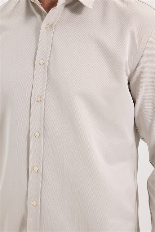 Erkek Modern Fit Dar Kesim Pamuklu Uzun Kollu Kravatlık Armürlü Bej Gömlek