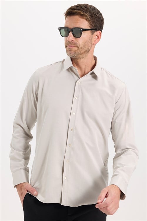 Erkek Modern Fit Dar Kesim Pamuklu Uzun Kollu Kravatlık Armürlü Bej Gömlek