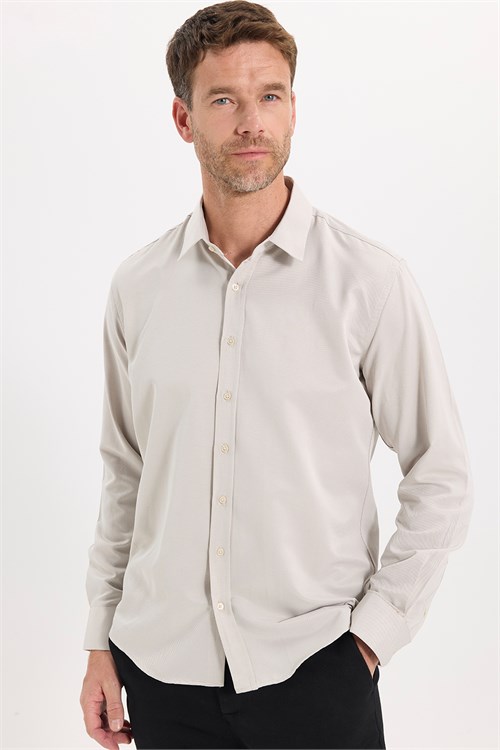 Erkek Modern Fit Dar Kesim Pamuklu Uzun Kollu Kravatlık Armürlü Bej Gömlek