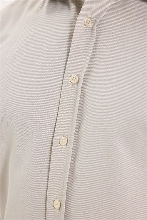 Erkek Modern Fit Dar Kesim Pamuklu Uzun Kollu Kravatlık Armürlü Bej Gömlek