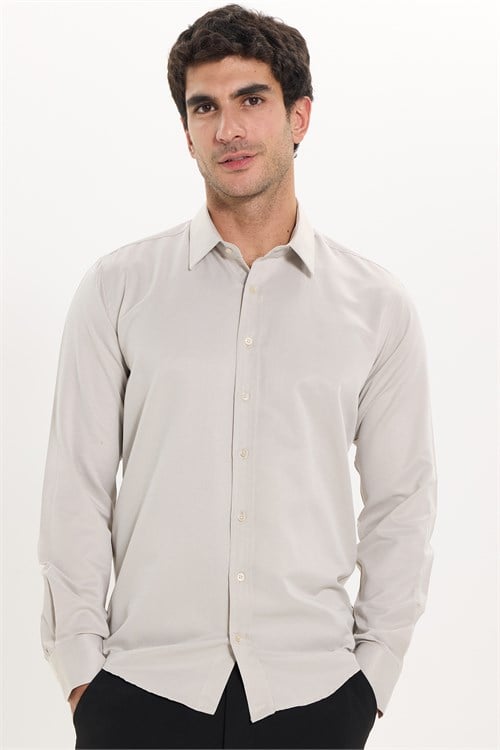 Erkek Modern Fit Dar Kesim Pamuklu Uzun Kollu Kravatlık Armürlü Bej Gömlek