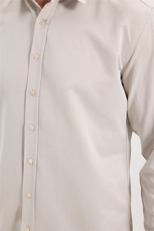 Erkek Modern Fit Dar Kesim Pamuklu Uzun Kollu Kravatlık Armürlü Bej Gömlek