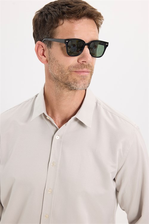 Erkek Modern Fit Dar Kesim Pamuklu Uzun Kollu Kravatlık Armürlü Bej Gömlek