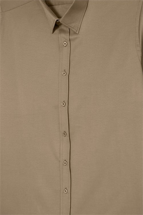 Erkek Modern Fit Dar Kesim Pamuklu Uzun Kollu Kravatlık Armürlü Bej Gömlek