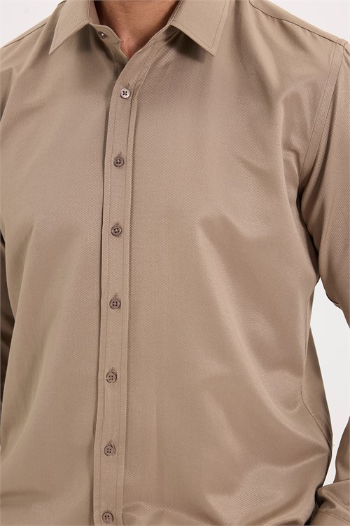 Erkek Modern Fit Dar Kesim Pamuklu Uzun Kollu Kravatlık Armürlü Bej Gömlek
