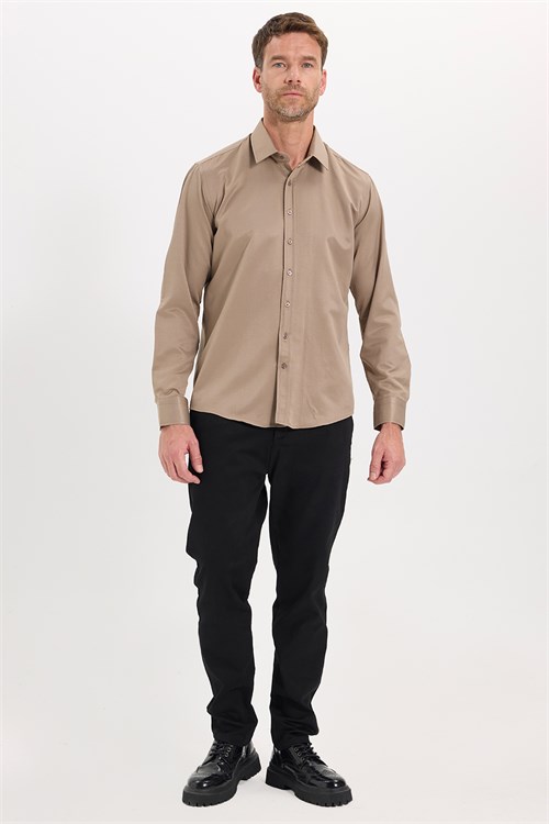 Erkek Modern Fit Dar Kesim Pamuklu Uzun Kollu Kravatlık Armürlü Bej Gömlek