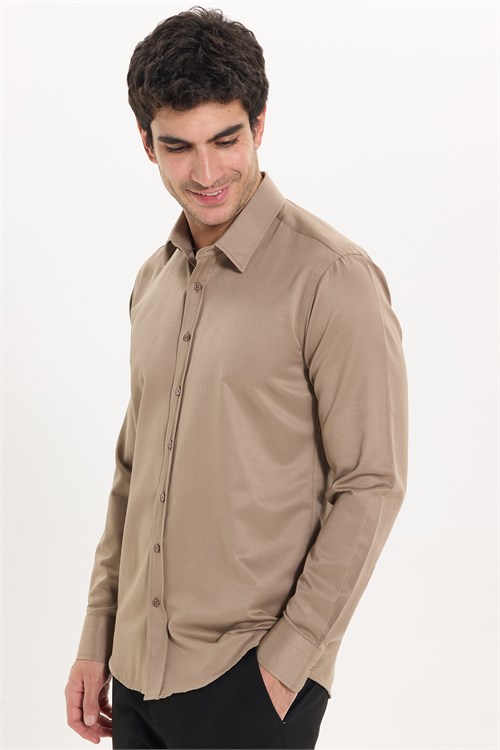Erkek Modern Fit Dar Kesim Pamuklu Uzun Kollu Kravatlık Armürlü Bej Gömlek