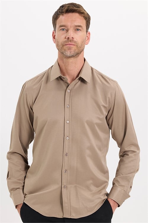 Erkek Modern Fit Dar Kesim Pamuklu Uzun Kollu Kravatlık Armürlü Bej Gömlek