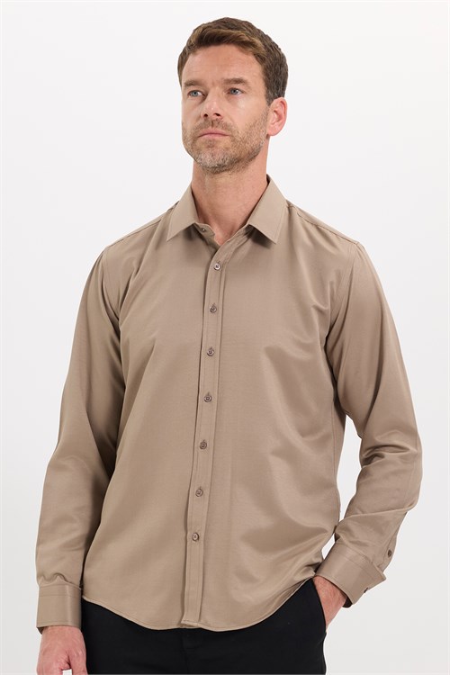 Erkek Modern Fit Dar Kesim Pamuklu Uzun Kollu Kravatlık Armürlü Bej Gömlek