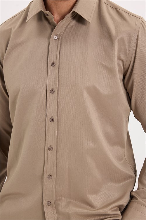 Erkek Modern Fit Dar Kesim Pamuklu Uzun Kollu Kravatlık Armürlü Bej Gömlek