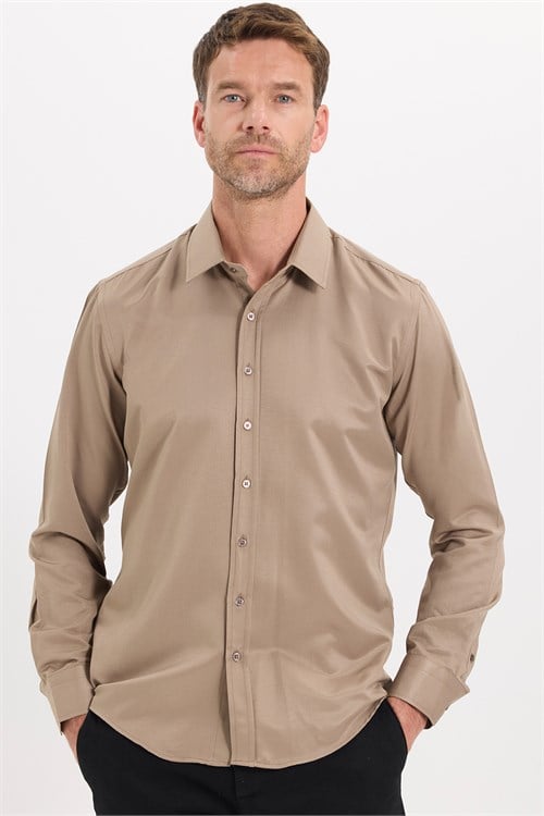 Erkek Modern Fit Dar Kesim Pamuklu Uzun Kollu Kravatlık Armürlü Bej Gömlek