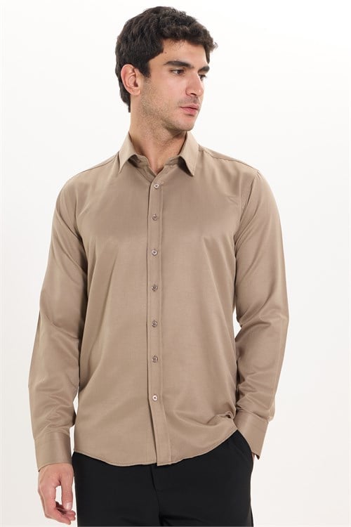 Erkek Modern Fit Dar Kesim Pamuklu Uzun Kollu Kravatlık Armürlü Bej Gömlek