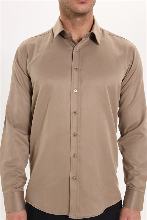 Erkek Modern Fit Dar Kesim Pamuklu Uzun Kollu Kravatlık Armürlü Bej Gömlek