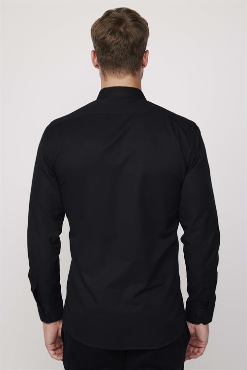Modern Slim Fit Uzun Kollu Pamuklu Kolay Ütü Armürlü Erkek Siyah Gömlek