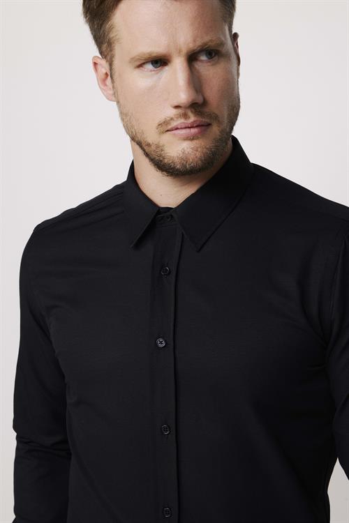 Modern Slim Fit Uzun Kollu Pamuklu Kolay Ütü Armürlü Erkek Siyah Gömlek