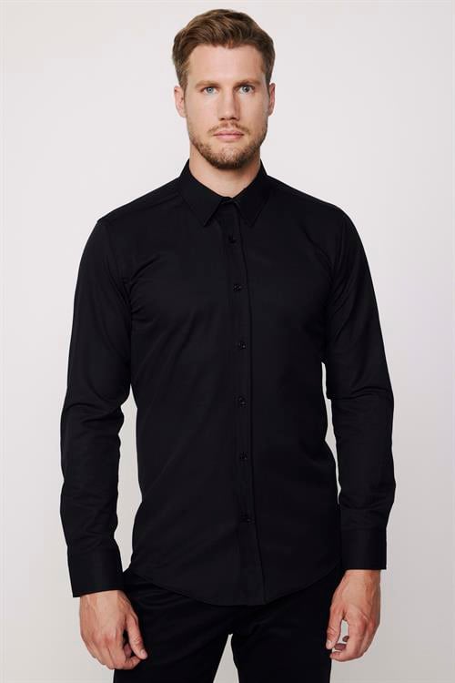 Modern Slim Fit Uzun Kollu Pamuklu Kolay Ütü Armürlü Erkek Siyah Gömlek