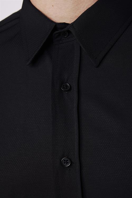 Modern Slim Fit Uzun Kollu Pamuklu Kolay Ütü Armürlü Erkek Siyah Gömlek