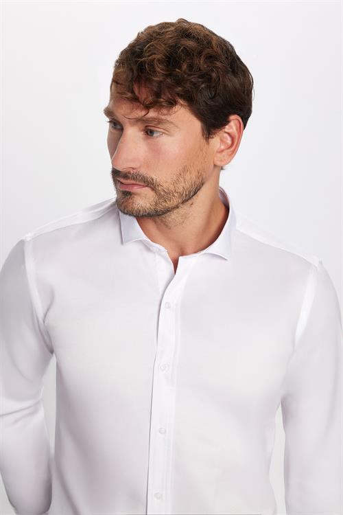 Modern Slim Fit Uzun Kollu Düz Saten Pamuklu Erkek Beyaz Gömlek