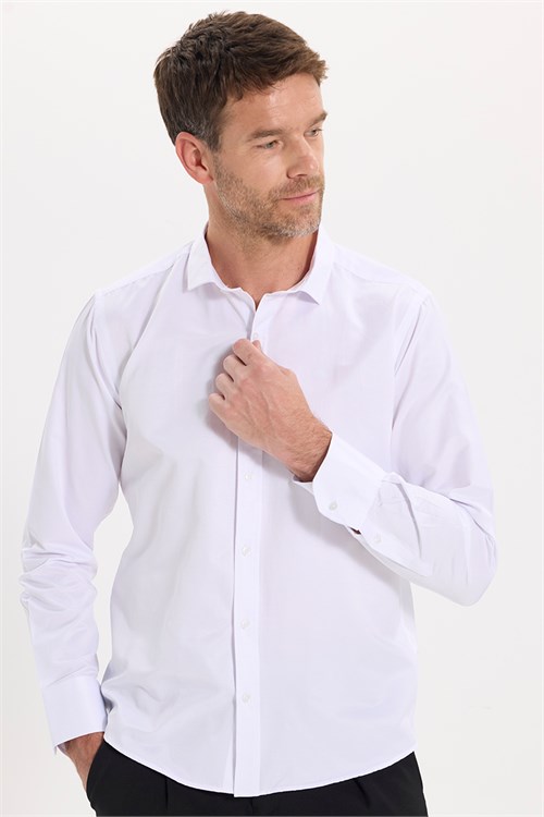 Modern Slim Fit Uzun Kollu Düz Saten Pamuklu Erkek Beyaz Gömlek