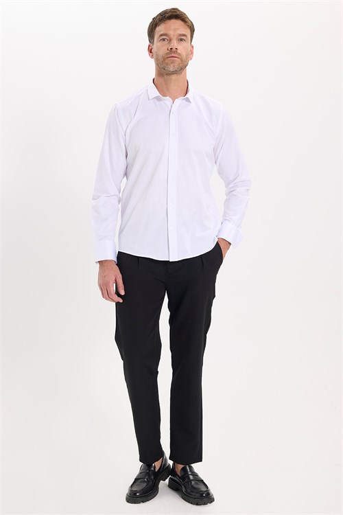 Modern Slim Fit Uzun Kollu Düz Saten Pamuklu Erkek Beyaz Gömlek