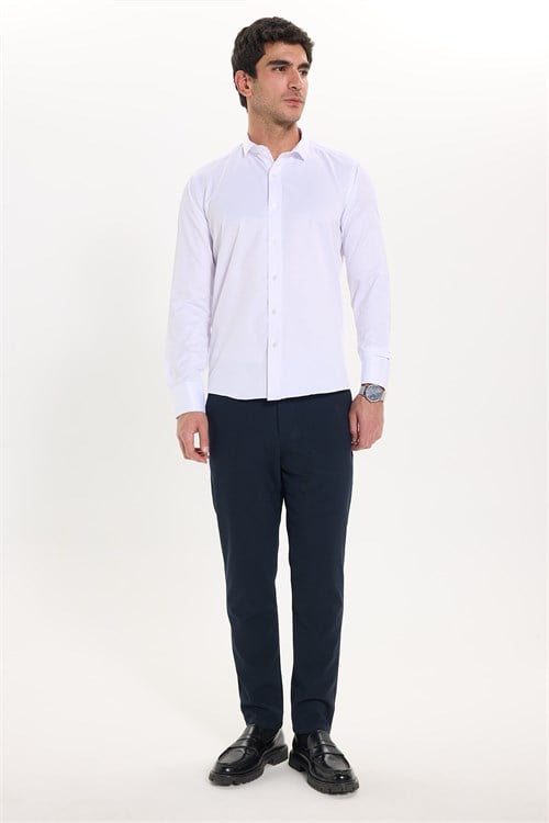 Modern Slim Fit Uzun Kollu Düz Saten Pamuklu Erkek Beyaz Gömlek