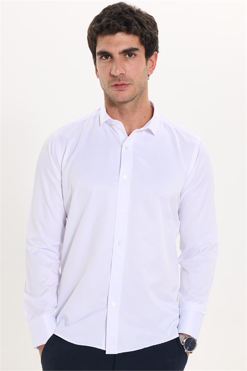 Modern Slim Fit Uzun Kollu Düz Saten Pamuklu Erkek Beyaz Gömlek
