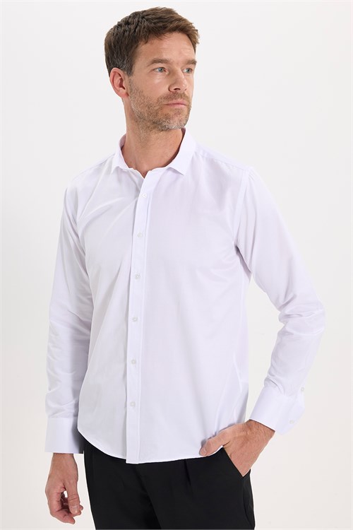 Modern Slim Fit Uzun Kollu Düz Saten Pamuklu Erkek Beyaz Gömlek
