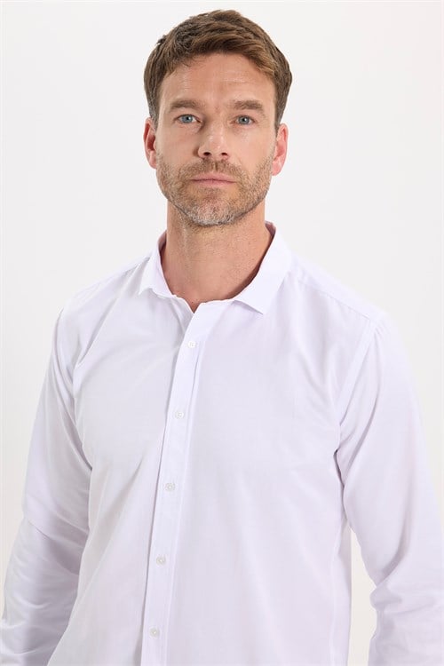Modern Slim Fit Uzun Kollu Düz Saten Pamuklu Erkek Beyaz Gömlek