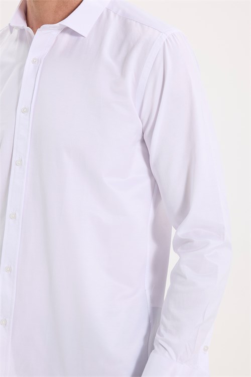 Modern Slim Fit Uzun Kollu Düz Saten Pamuklu Erkek Beyaz Gömlek