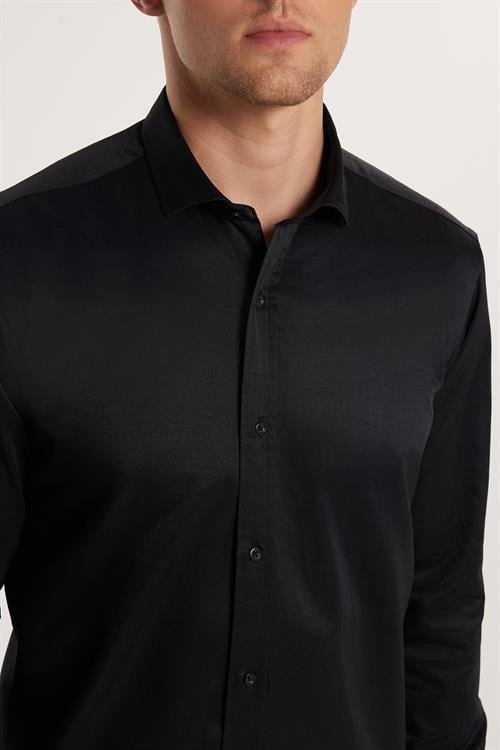 Modern Slim Fit Uzun Kollu Düz Saten Pamuklu Erkek Siyah Gömlek